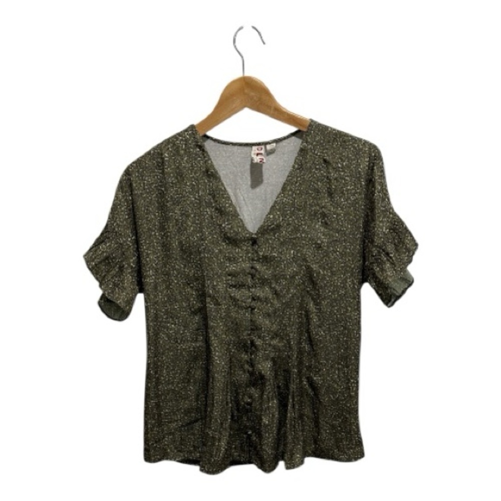 Anthropologie Dolan Olive Green Speckled Button Front Blouse Ruffle Sleeve XS